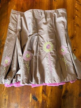 deux par deux Brown Skirt with Pink Trim and Floral Embroidery